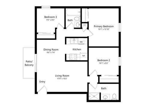 Floor plan for 3 beds, 2 baths, 1200 sqft